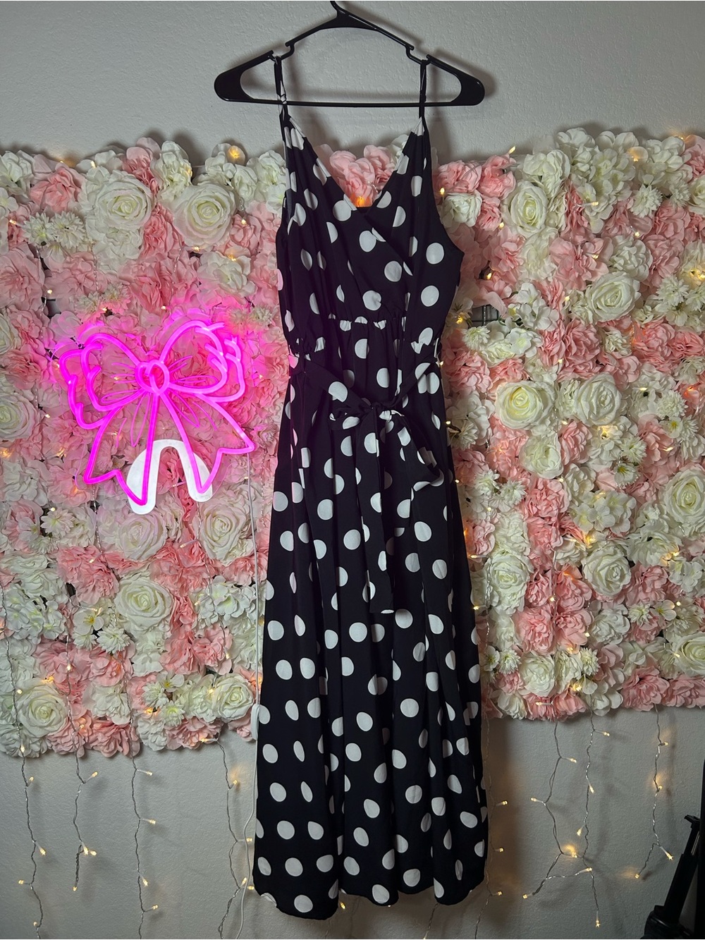 SHEIN Black & White Polka Dot Maxi Dress with Tie Waist